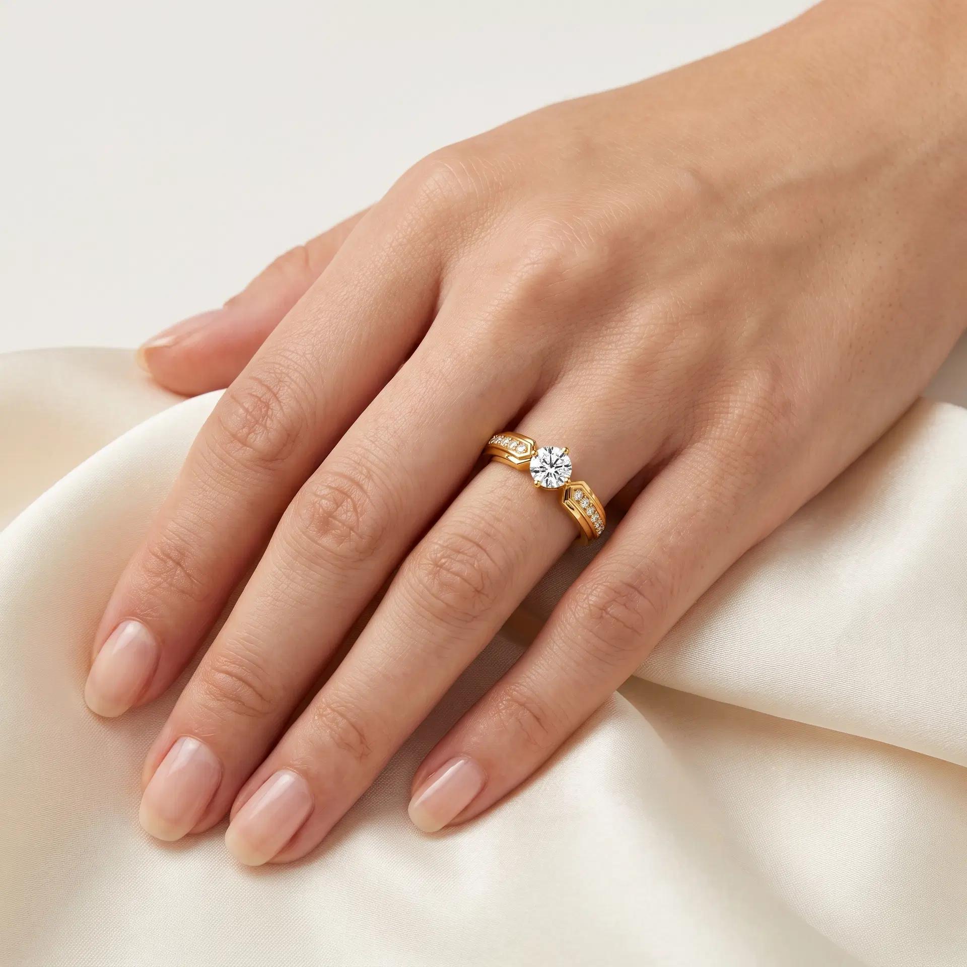 Classic Geometric Side Stone Ring on model