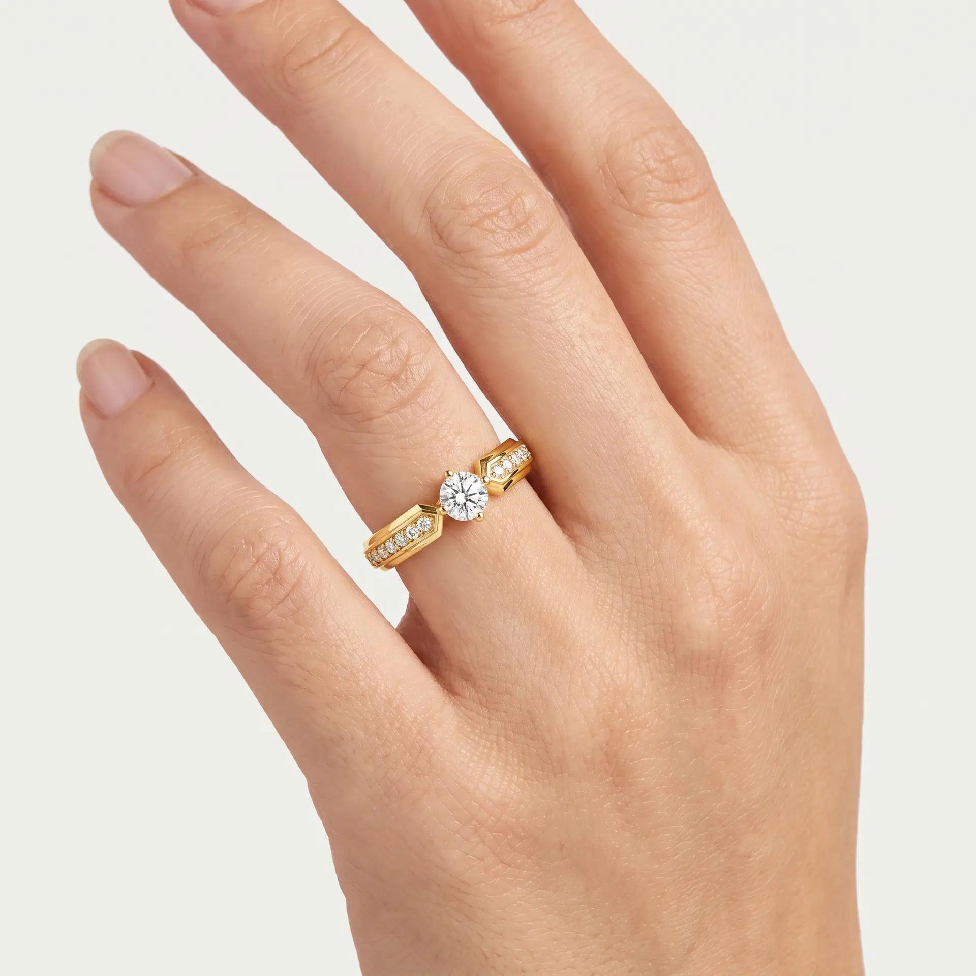 Classic Geometric Side Stone Ring on model