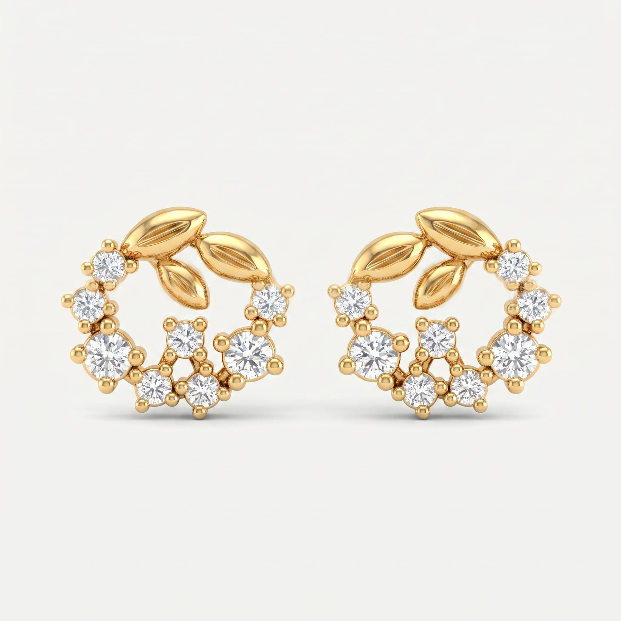 Golden Bloom — Diamond & Gold Leaf Pinwheel Stud Earrings