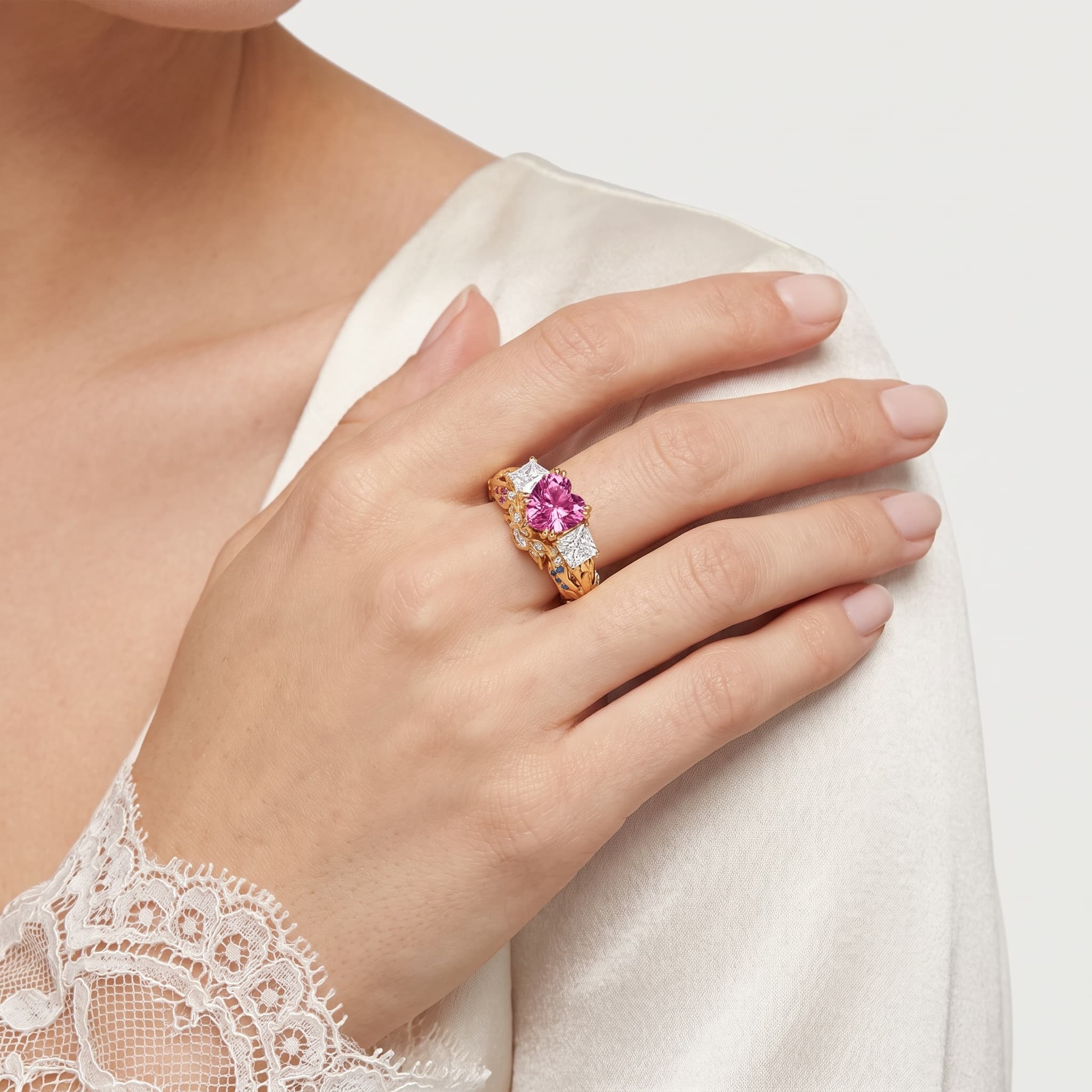 Rosewild — Fancy Pink Cushion Diamond Three Stone Ring thumbnail 4
