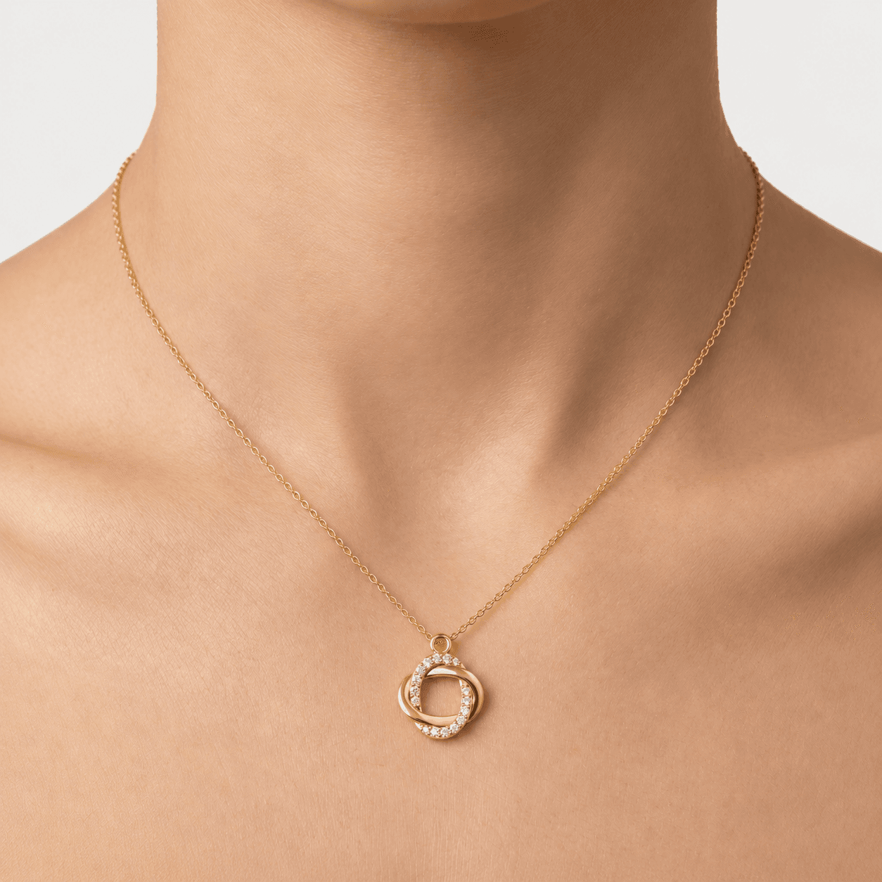 Forever Entwined — Diamond Interlocking Ring Pendant on model