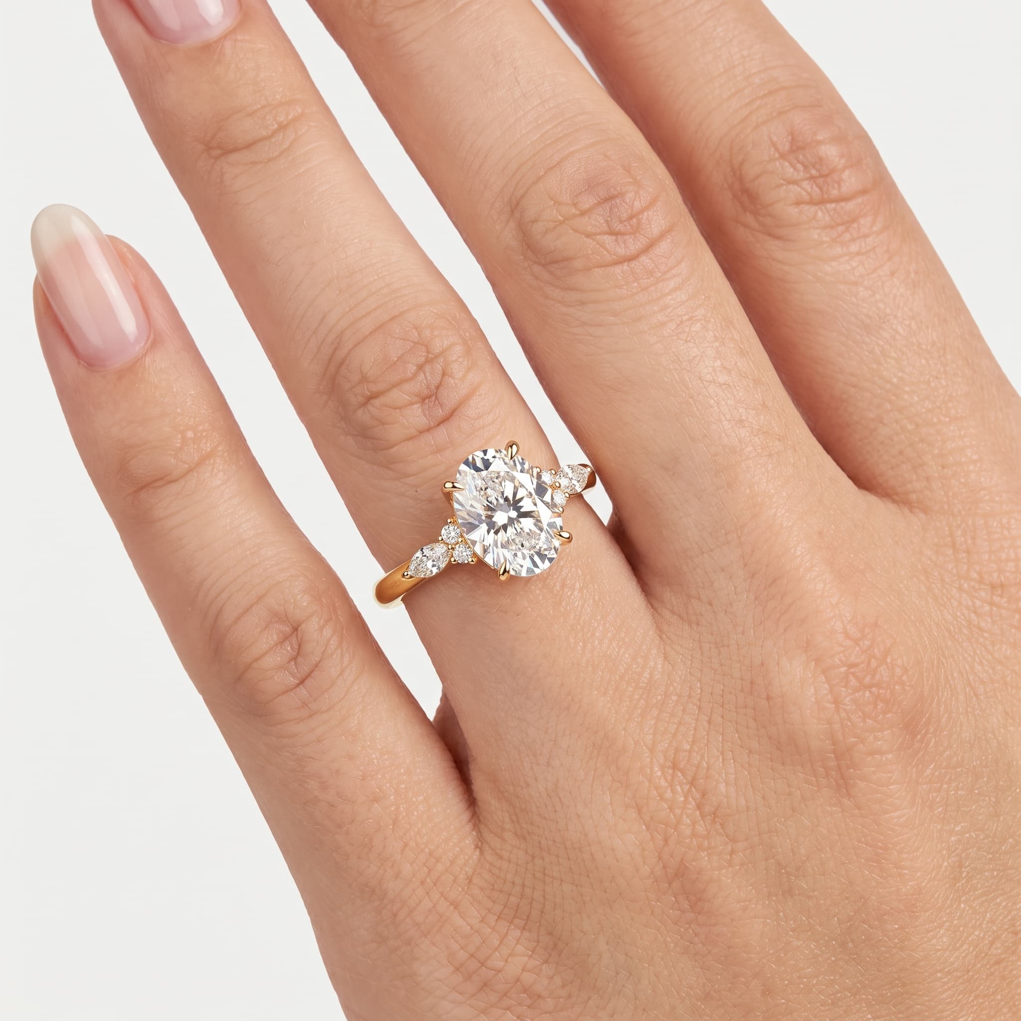 Petaled Promise — Oval Diamond Three Stone Ring with Marquise Accents thumbnail 4