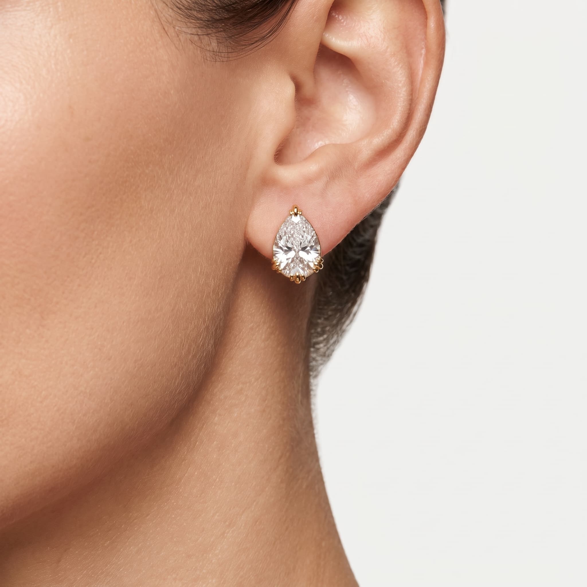 Graceful Drop — Pear Cut Diamond Threaded Stud Earrings on model