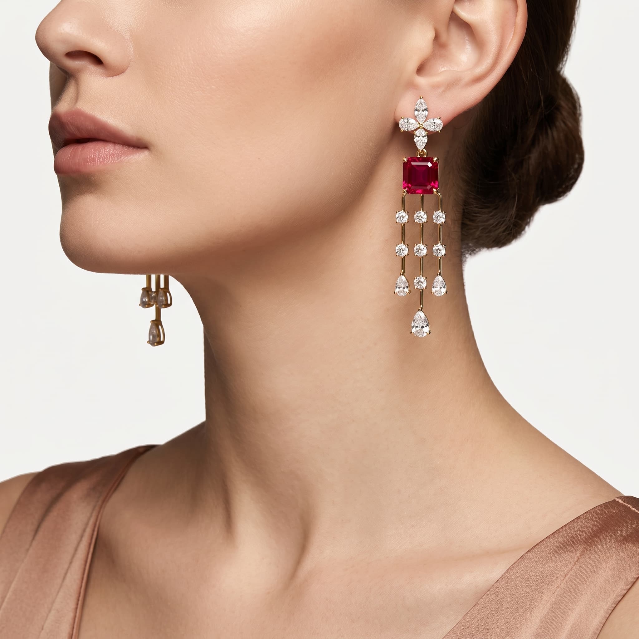 Crimson Cascade — Ruby & Diamond Chandelier Drop Earrings on model