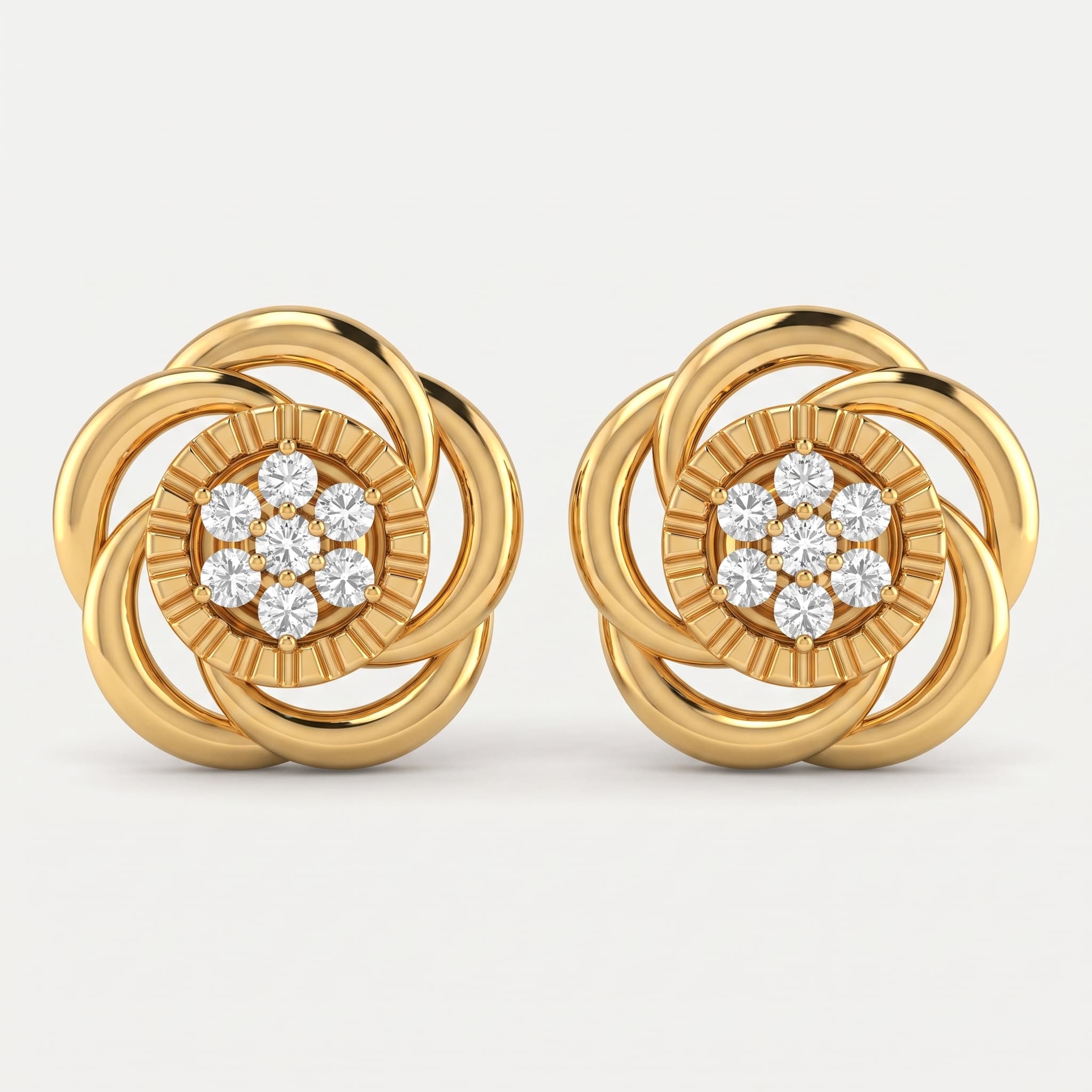 Pinwheel Bloom — Round Diamond Interlocking Flower Stud Earrings
