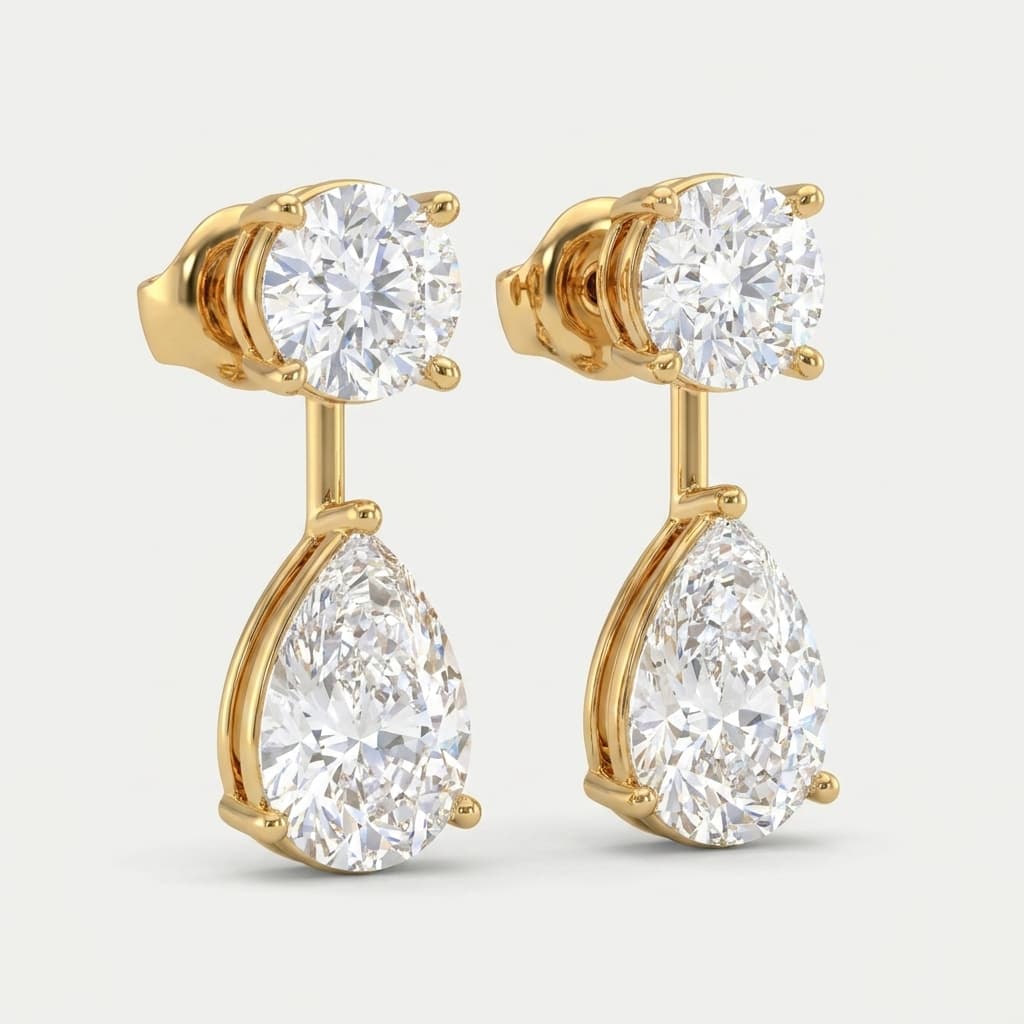Classic Duet — Round & Pear Diamond Drop Earrings on model