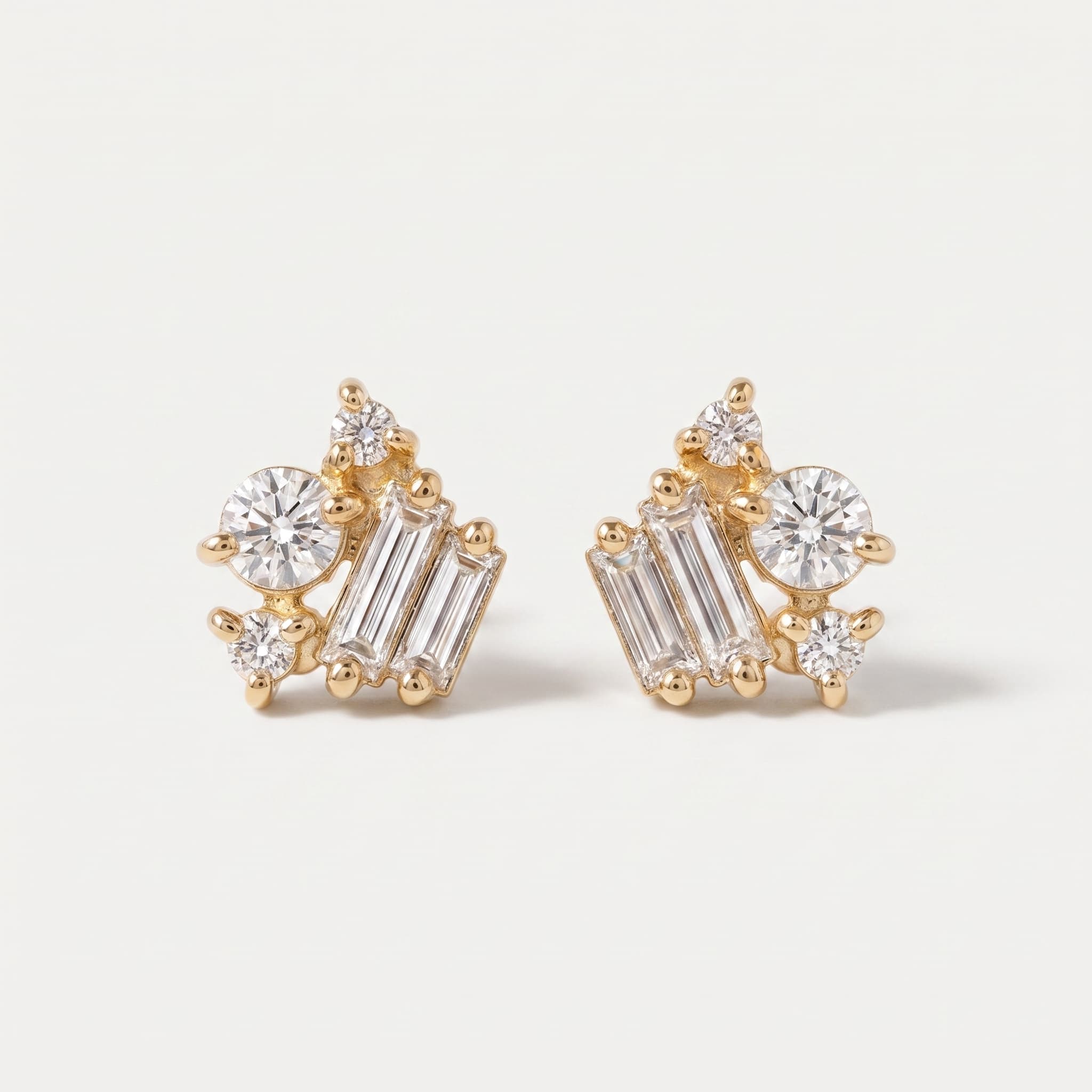 Cascade — Baguette & Round Diamond Mix Cluster Stud Earrings