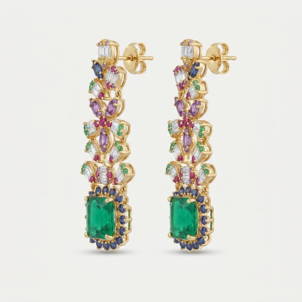 Rainbow Garden — Fancy Color Diamond & Emerald Cascade Earrings on model