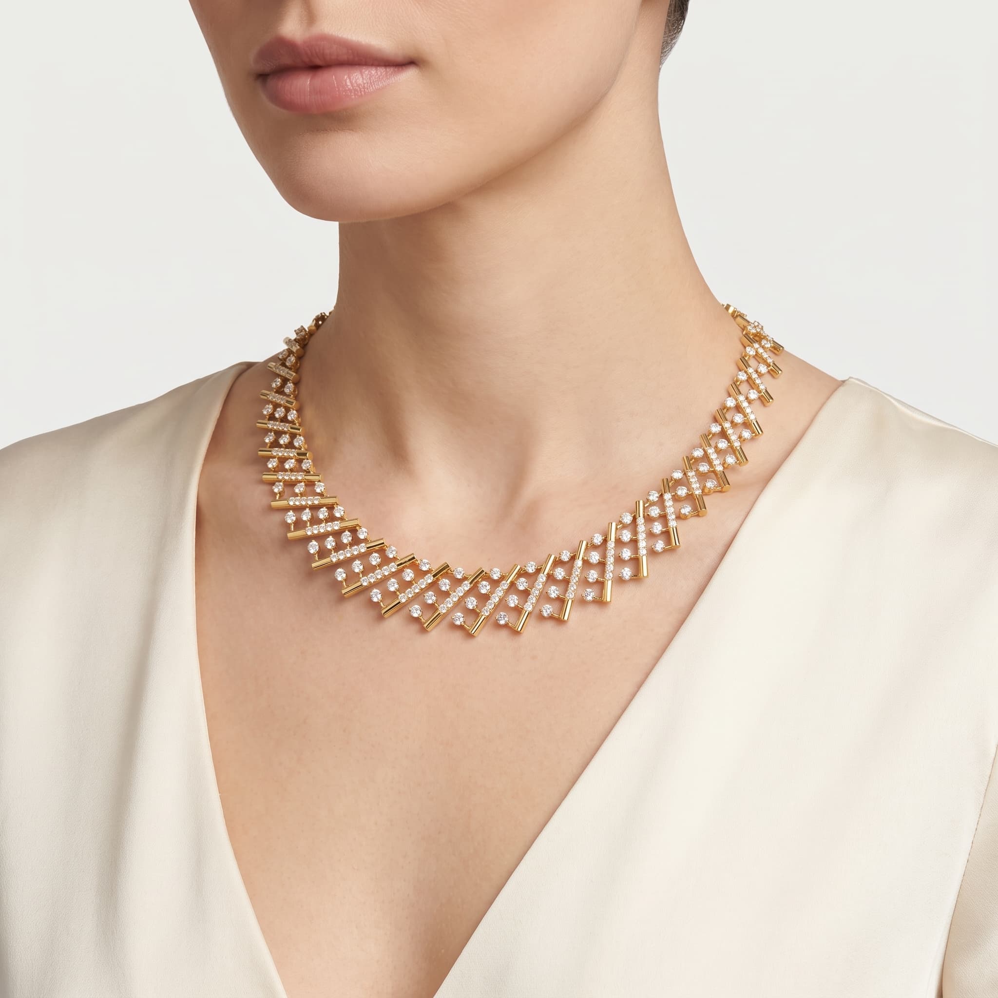 Diagonal Rain — Round Diamond Ladder Necklace on model