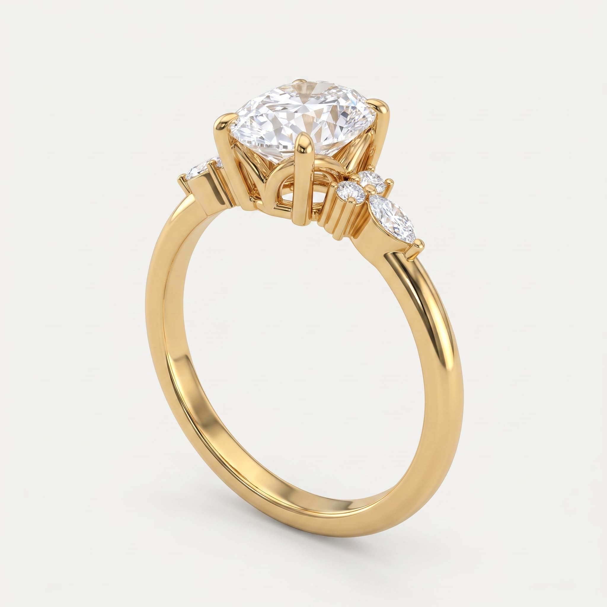 Petaled Promise — Oval Diamond Three Stone Ring with Marquise Accents on model