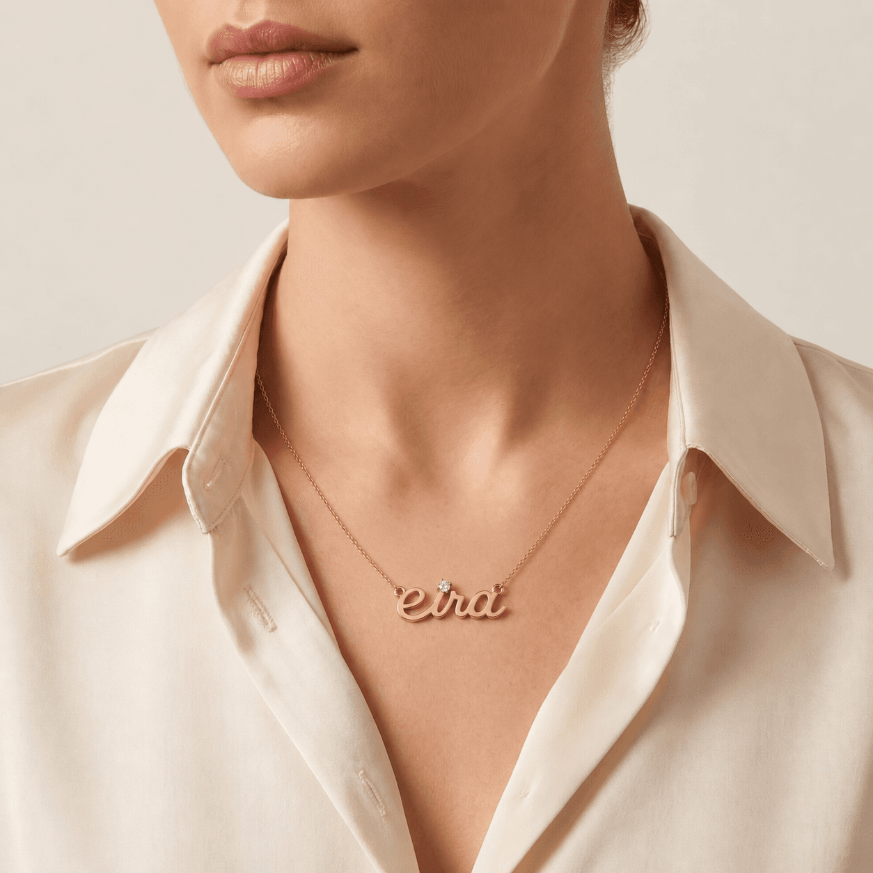 Eira — Diamond Script Name Pendant on model