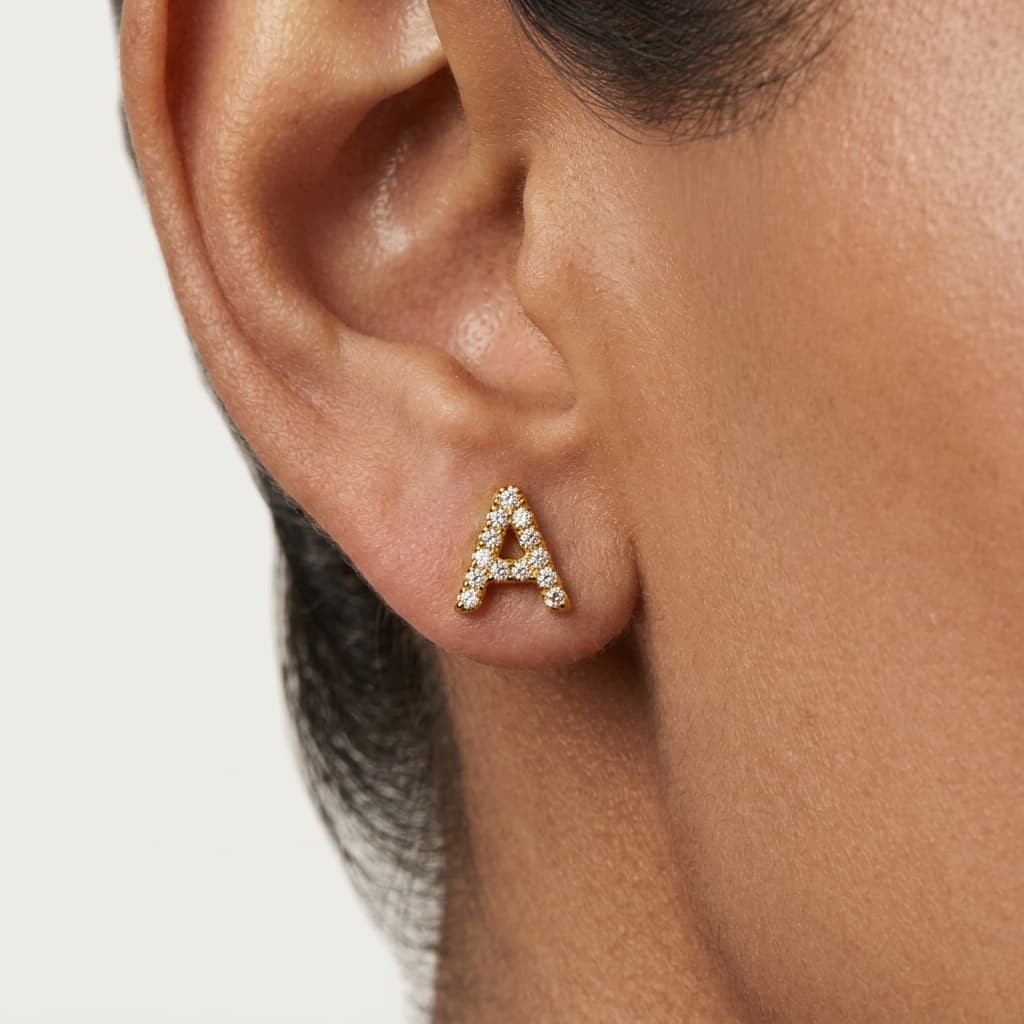 Monogram — Diamond Initial "A" Stud Earring on model