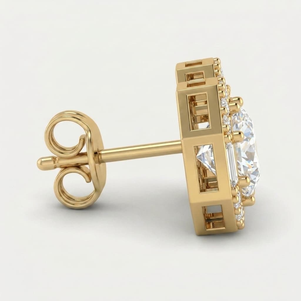 Octagon Halo — Round & Baguette Diamond Stud Earrings on model