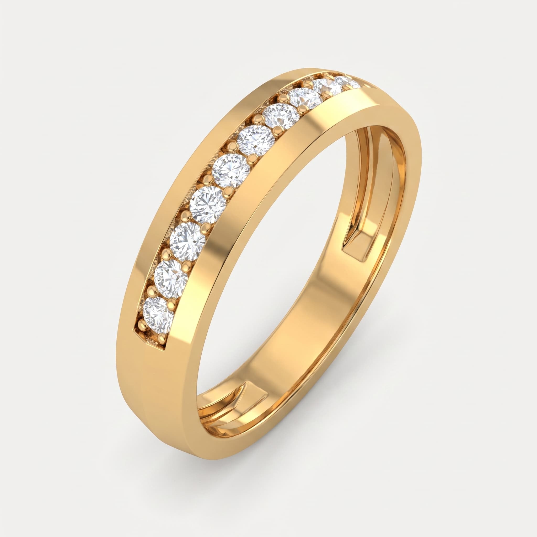 Quiet Vow — Round Diamond Row Wedding Band with Engraved Interior on model