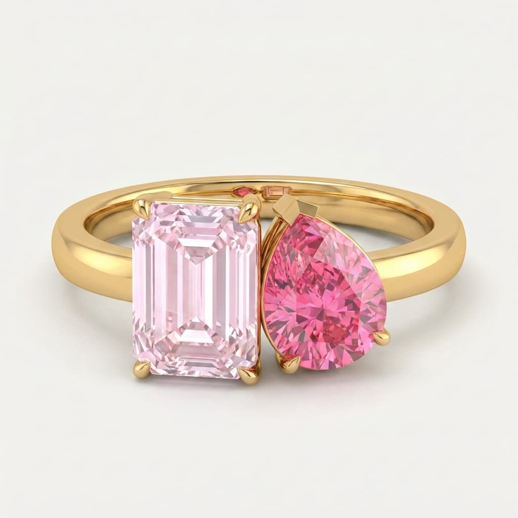 Blush & Blaze — Fancy Pink Emerald & Pear Diamond Two Stone Ring