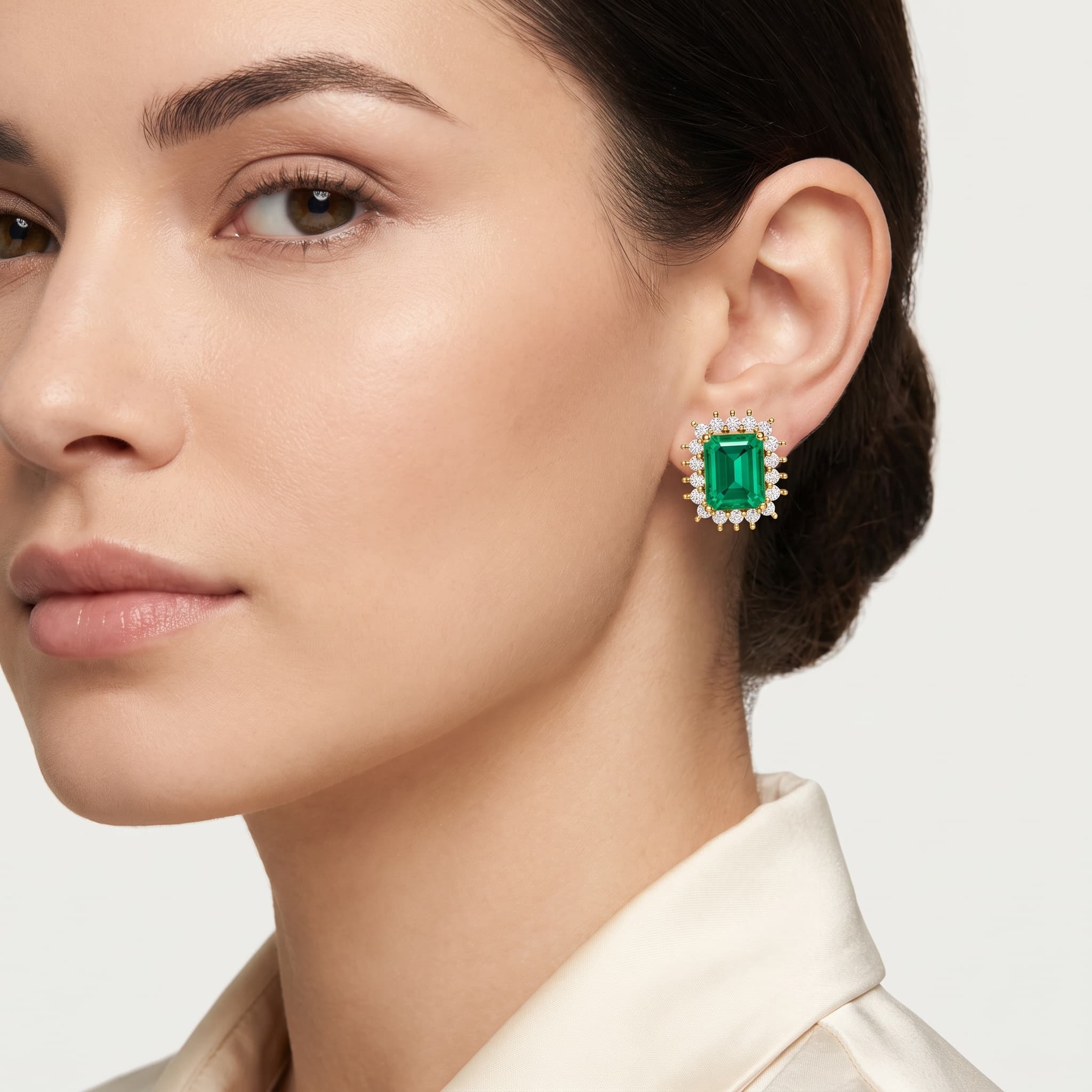Emerald Bloom — Emerald Cut Halo Stud Earrings thumbnail 3