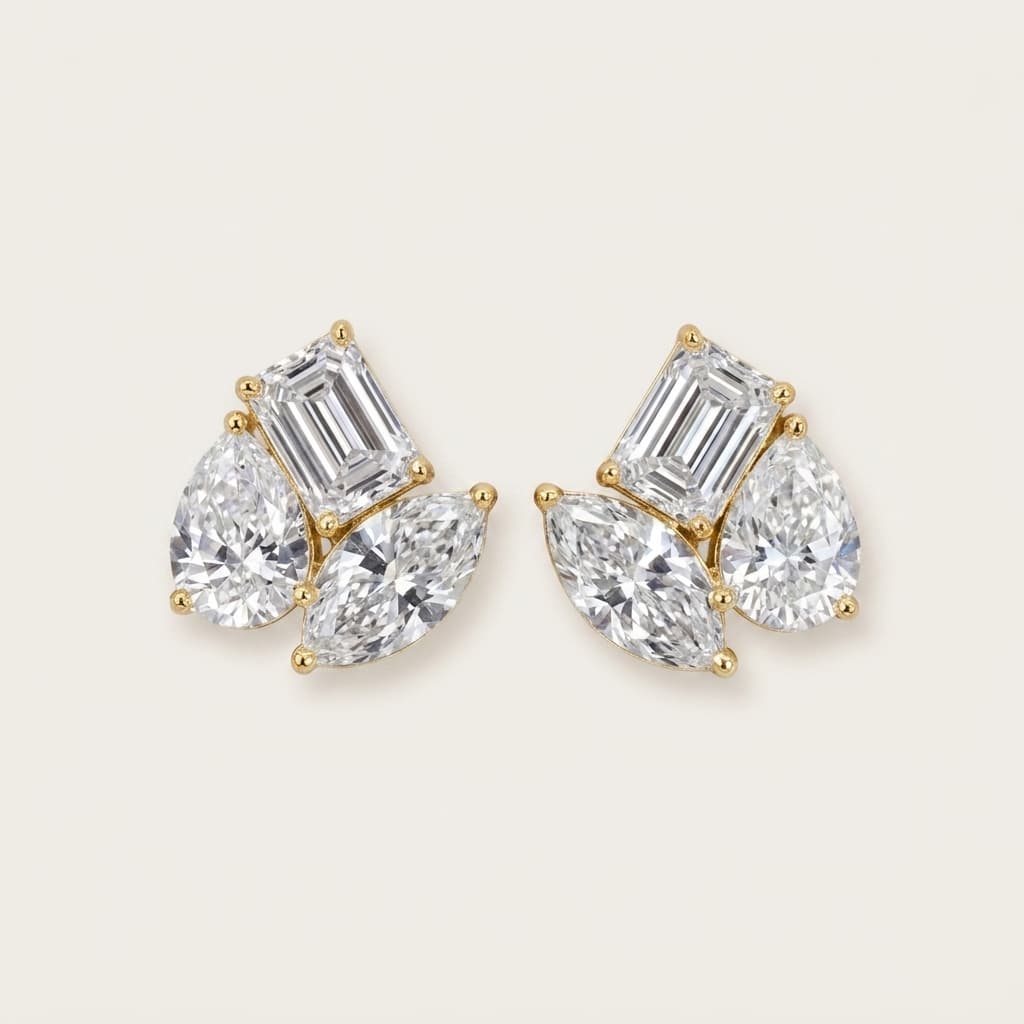 Fancy Mix — Emerald, Pear & Marquise Diamond Cluster Stud Earrings