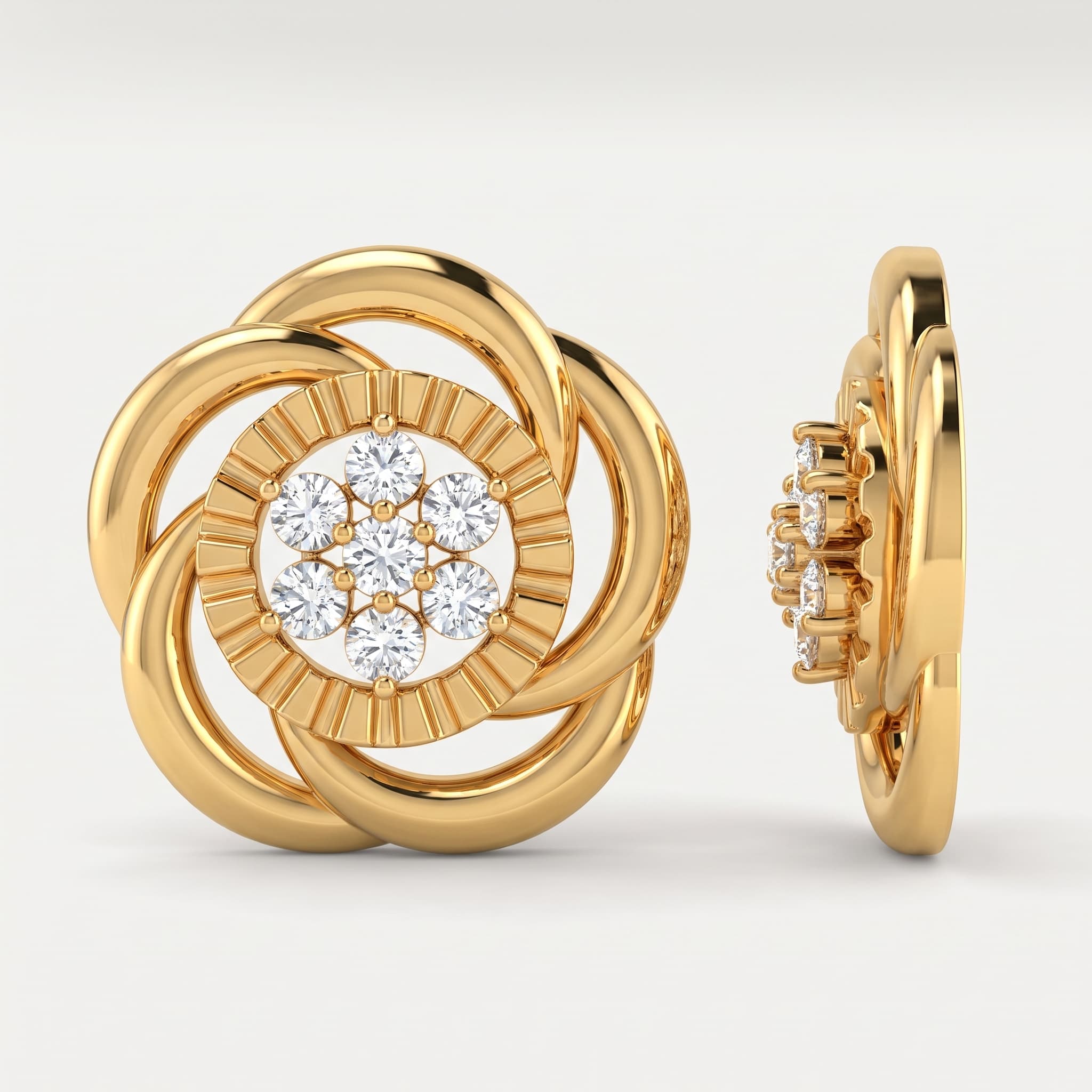 Pinwheel Bloom — Round Diamond Interlocking Flower Stud Earrings on model