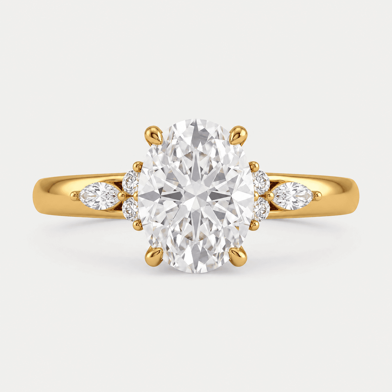 Petaled Promise — Oval Diamond Three Stone Ring with Marquise Accents