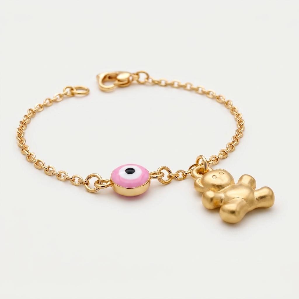 Teddy & Eye — Enamel Evil Eye & Gold Teddy Bear Charm Bracelet 1