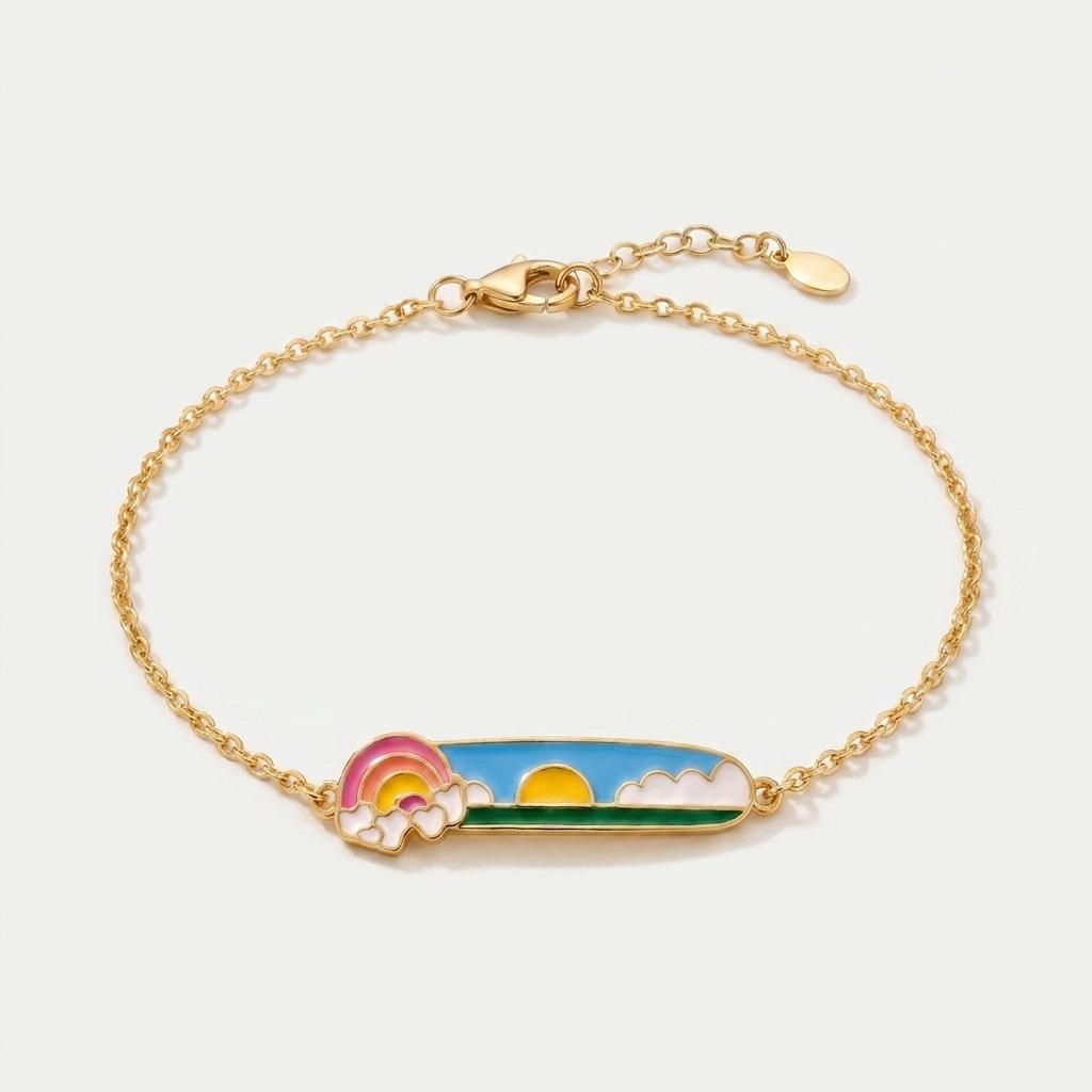 Sunny Sky — Enamel Rainbow & Sun Bar Charm Chain Bracelet 1