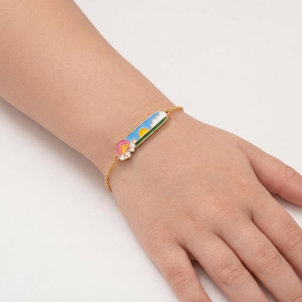 Sunny Sky — Enamel Rainbow & Sun Bar Charm Chain Bracelet 3