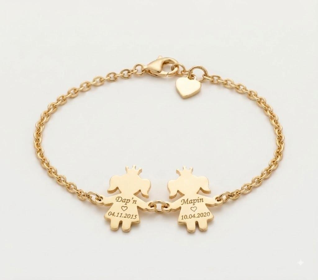 Family Names — Engraved Kids Silhouette & Heart Charm Bracelet 1