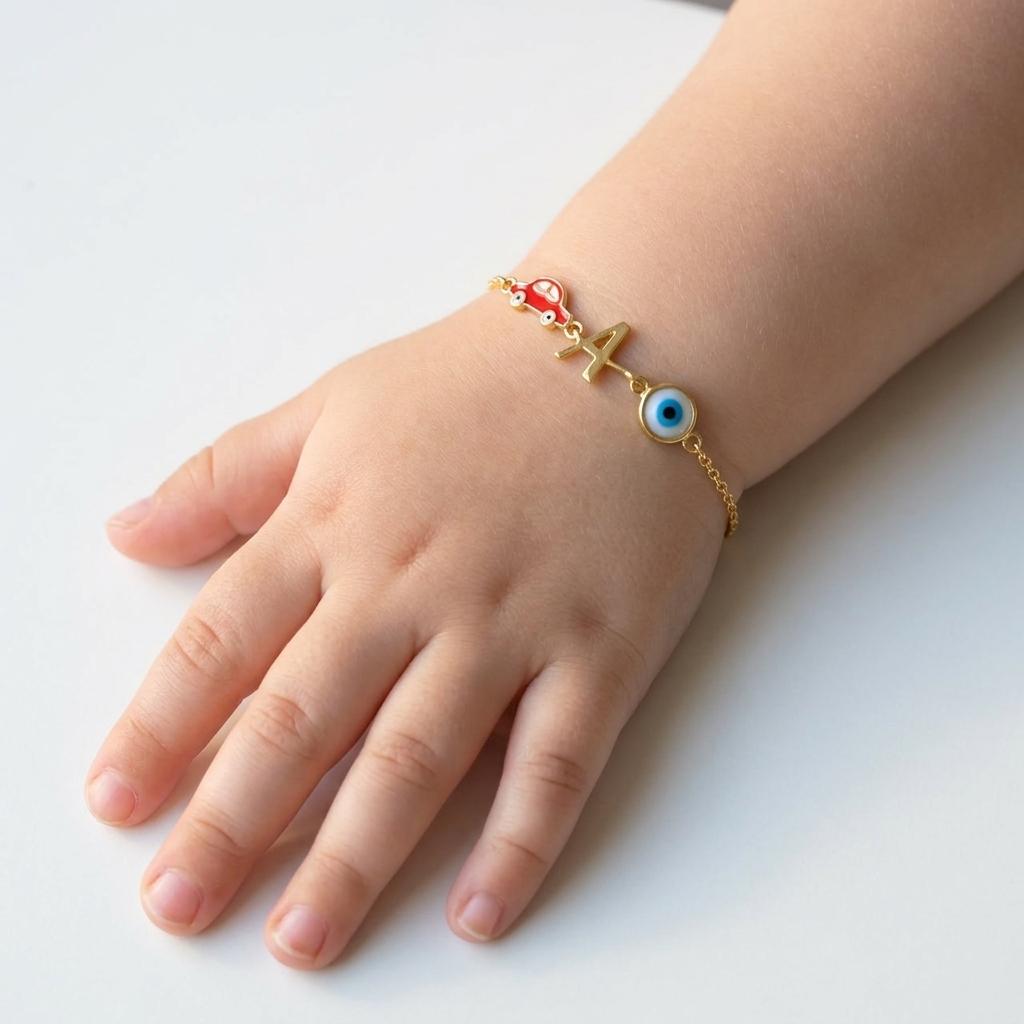 Baby Bliss — Enamel Car, Initial "A" & Evil Eye Charm Chain Bracelet 3