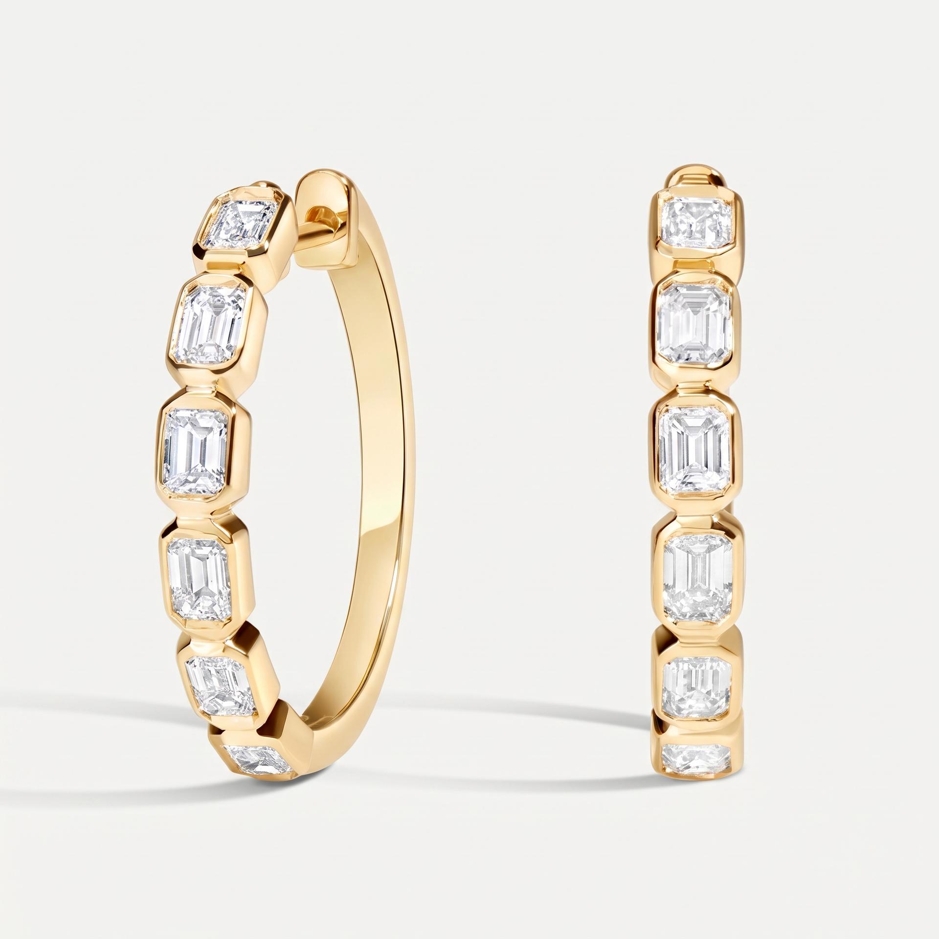 Emerald Cut Diamond Bezel Hoop Earrings 3