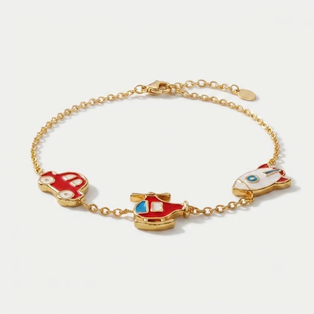 Little Voyager — Enamel Car, Helicopter & Rocket Charm Chain Bracelet 1