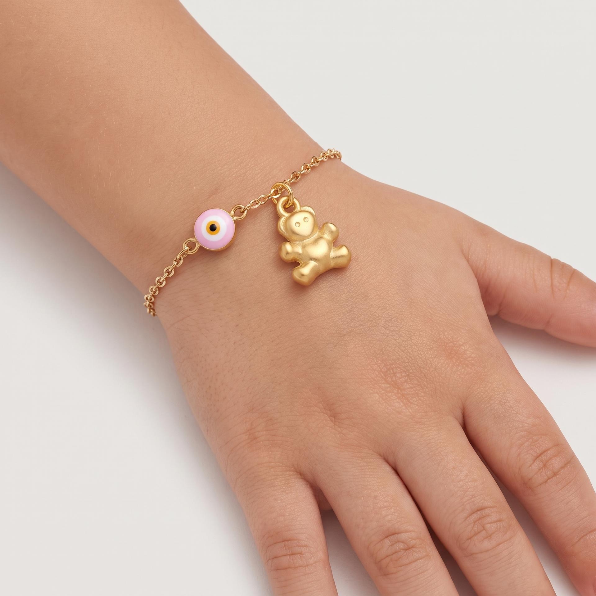 Teddy & Eye — Enamel Evil Eye & Gold Teddy Bear Charm Bracelet 3