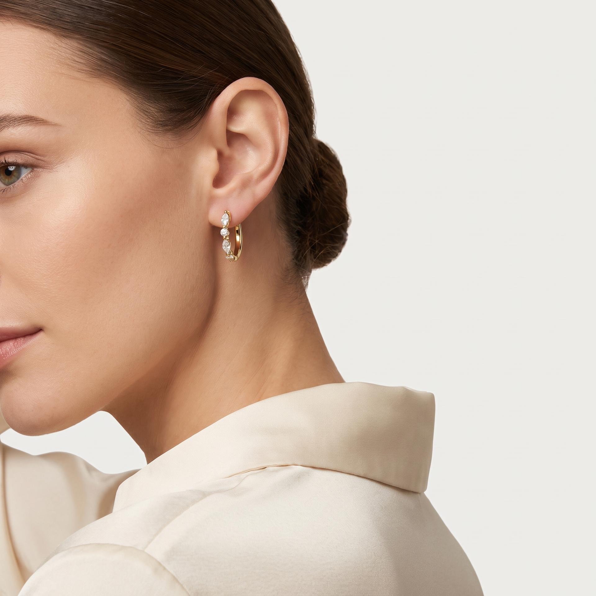 Marquise & Round Diamond Huggie Hoop Earrings 2