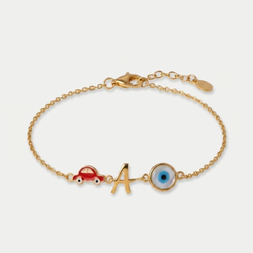 Baby Bliss — Enamel Car, Initial "A" & Evil Eye Charm Chain Bracelet 1
