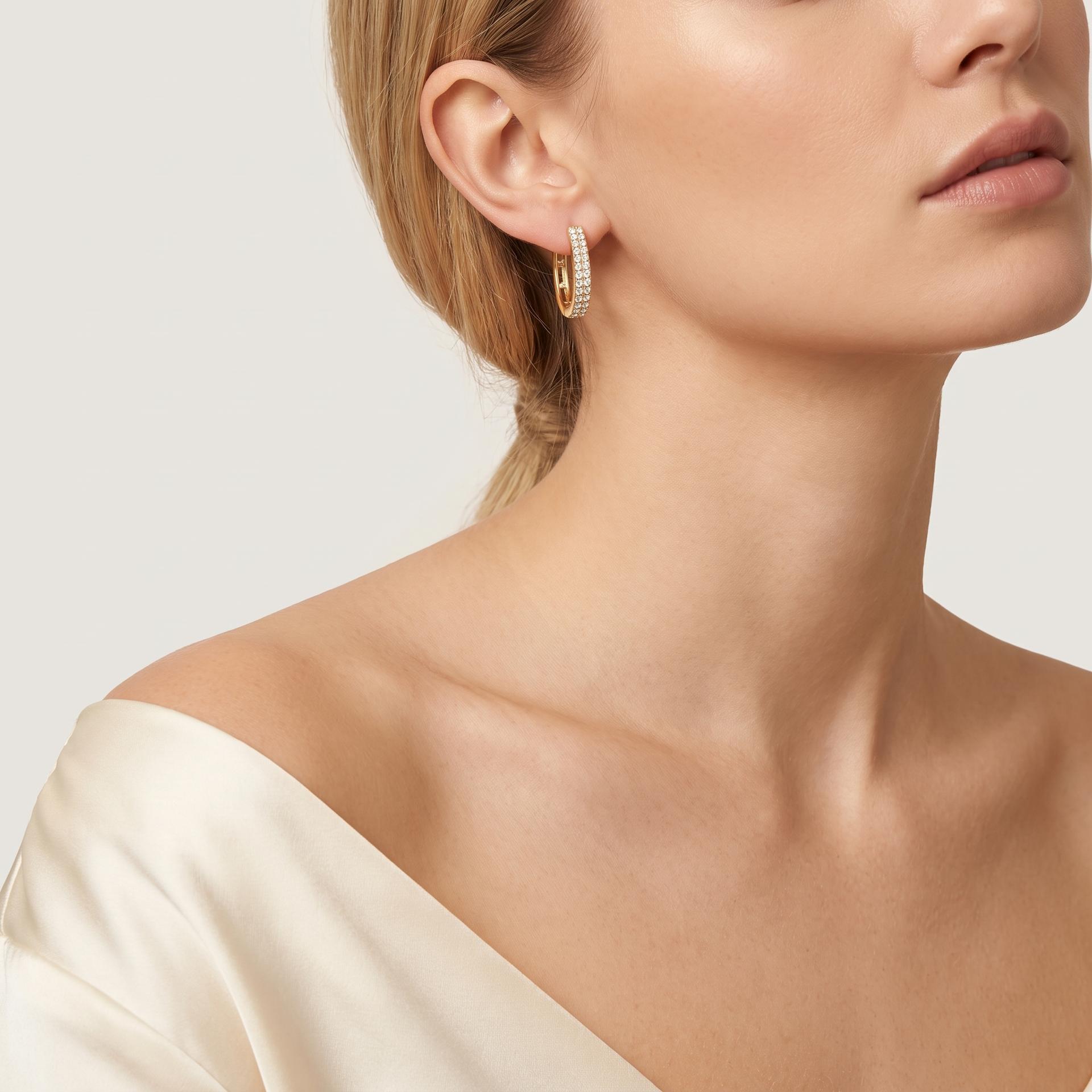 Round Diamond Two-Row Faceted Hoop Earrings 2