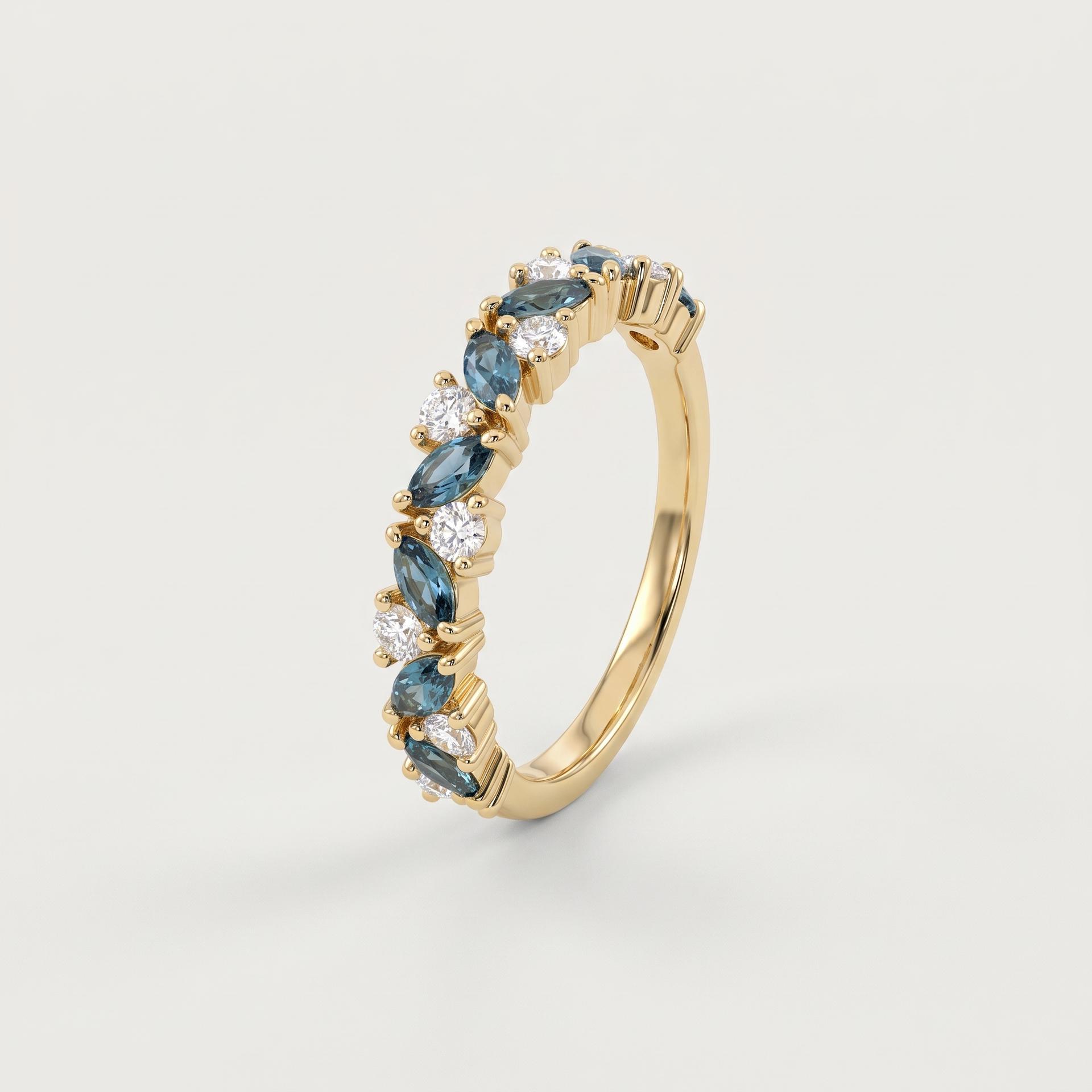 Marquise Blue Topaz & Round Diamond Half Eternity Band 3