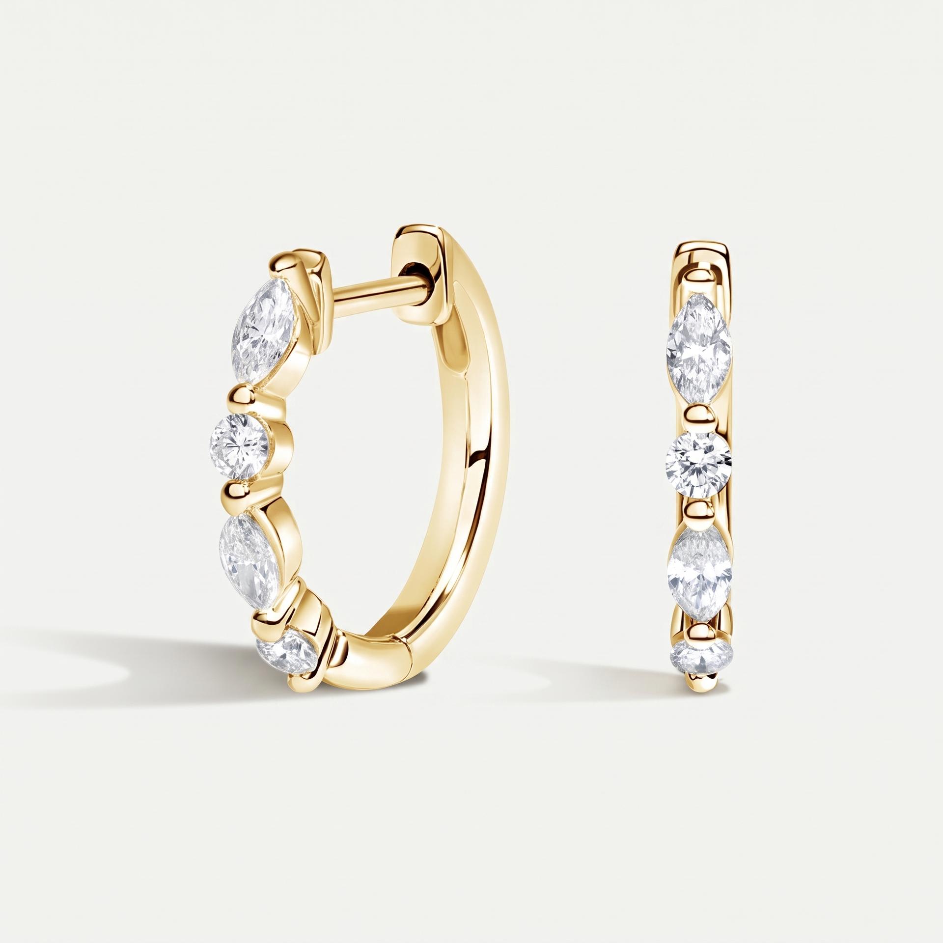 Marquise & Round Diamond Huggie Hoop Earrings 3