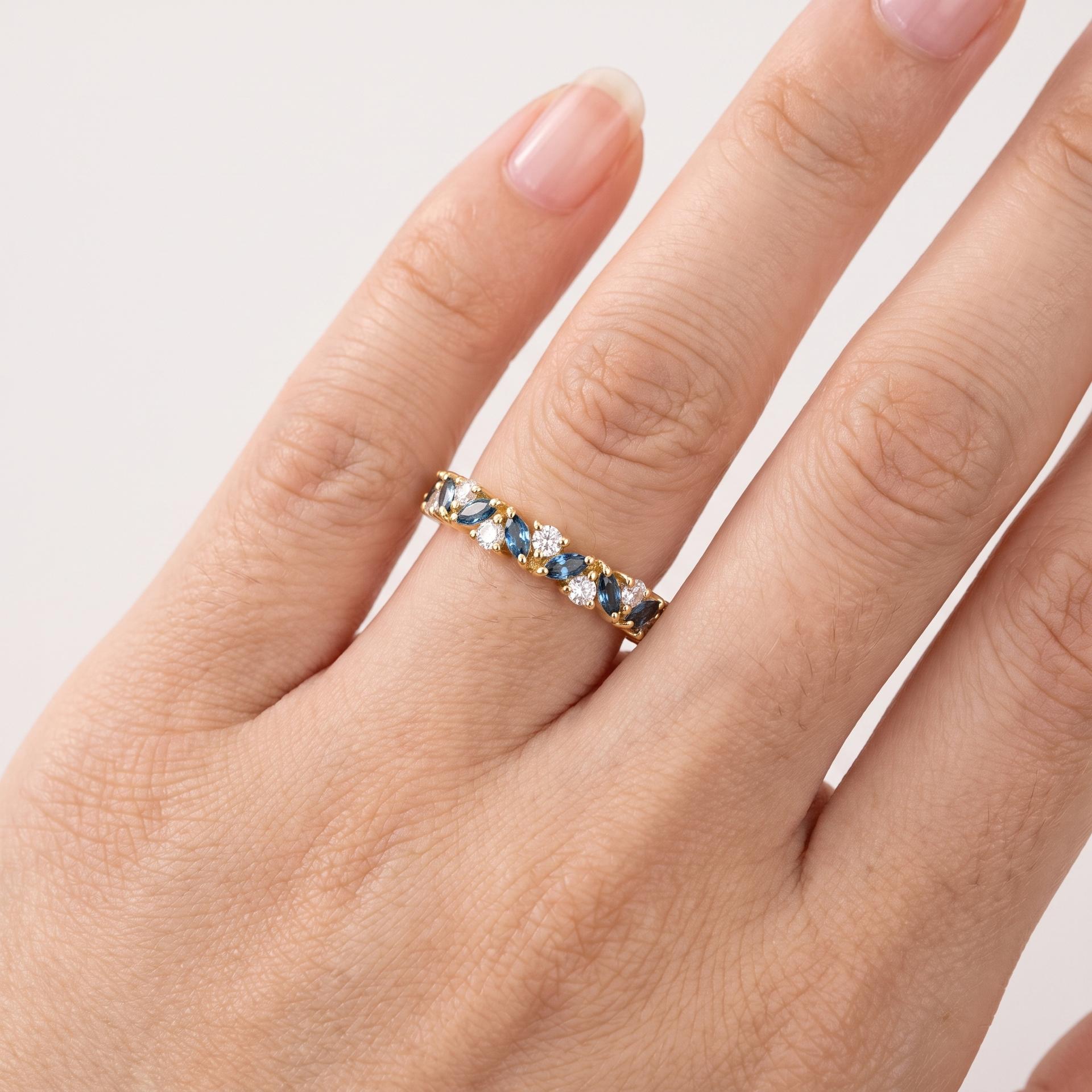 Marquise Blue Topaz & Round Diamond Half Eternity Band 4