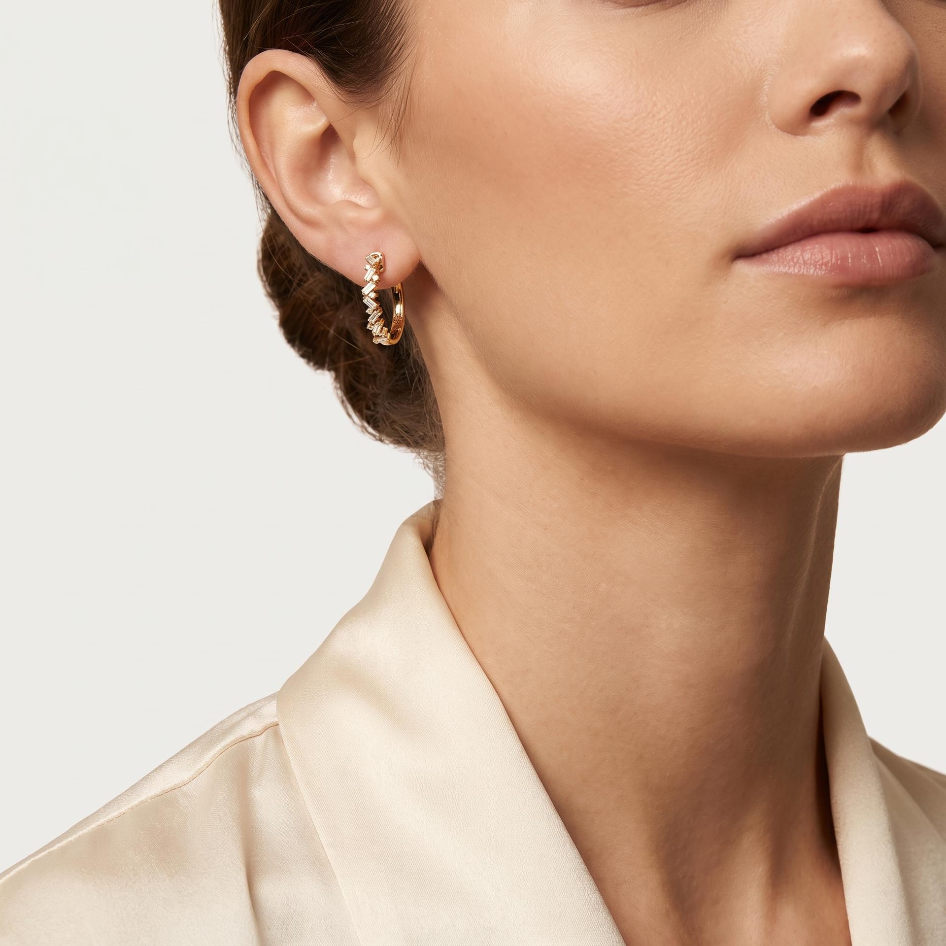 Scattered Baguette & Round Diamond Huggie Hoop Earrings 2