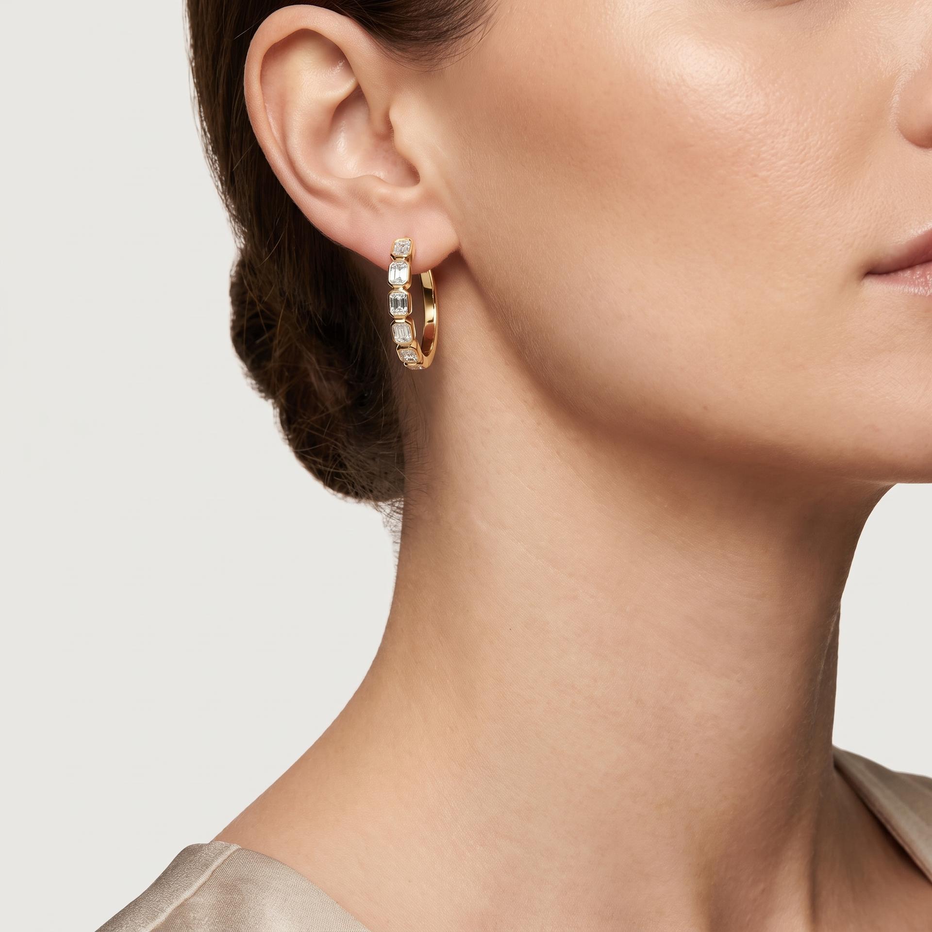 Emerald Cut Diamond Bezel Hoop Earrings 2