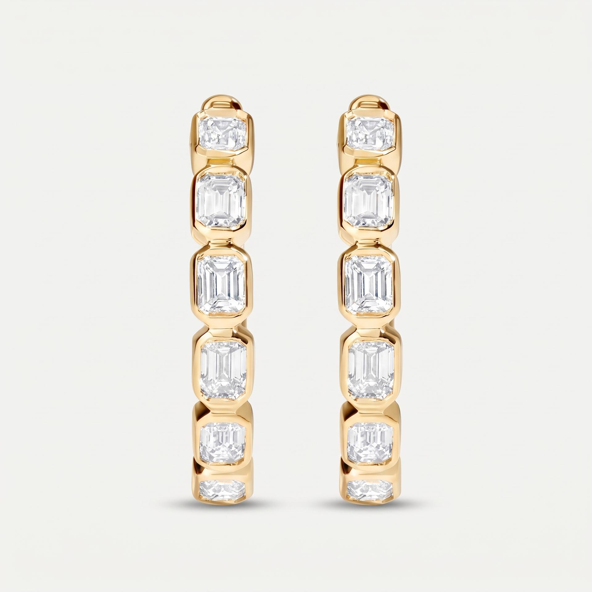 Emerald Cut Diamond Bezel Hoop Earrings 1