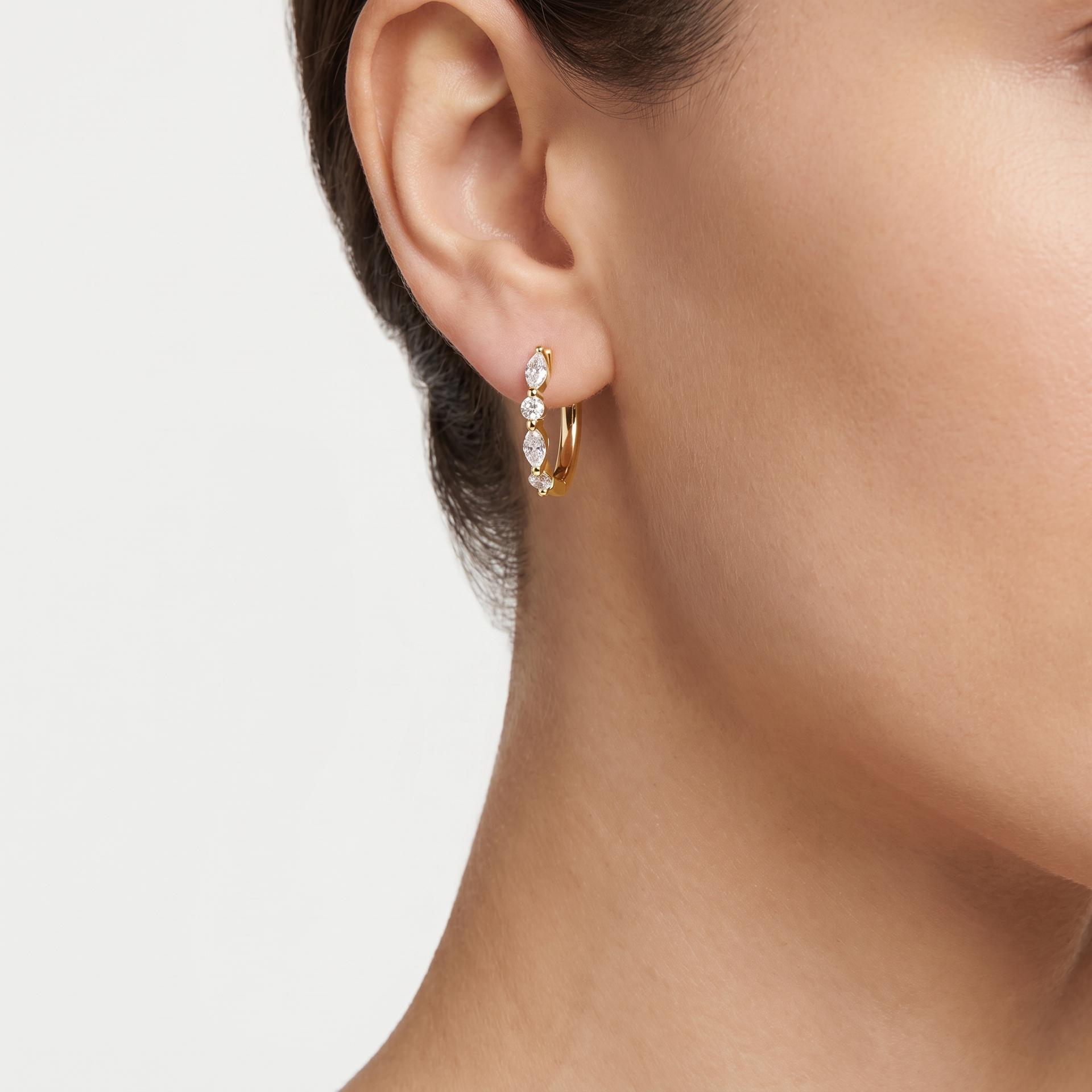 Marquise & Round Diamond Huggie Hoop Earrings 4