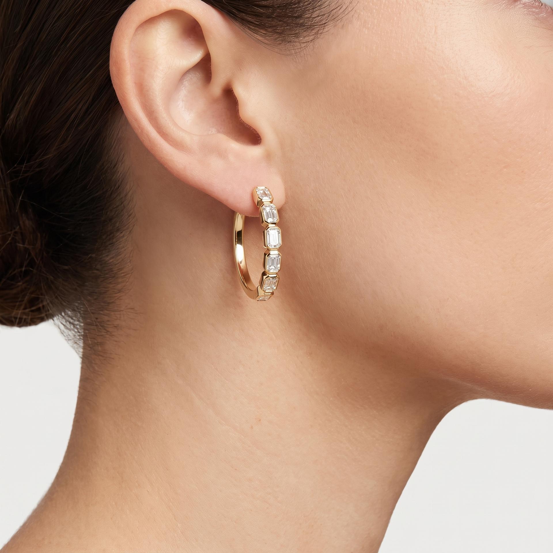 Emerald Cut Diamond Bezel Hoop Earrings 5