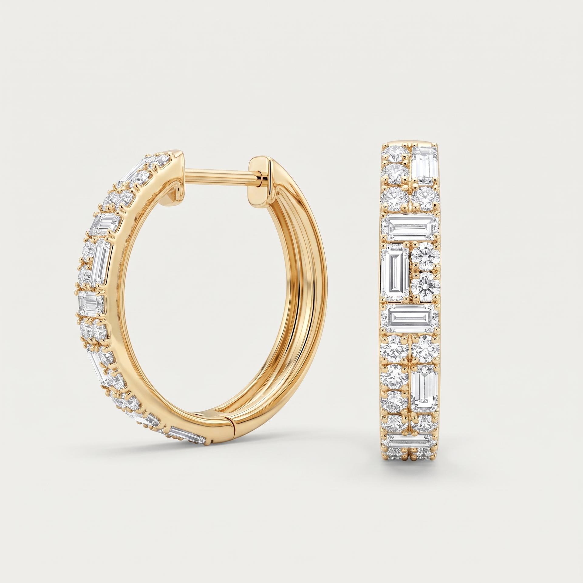 Baguette & Round Diamond Hoop Earrings 3
