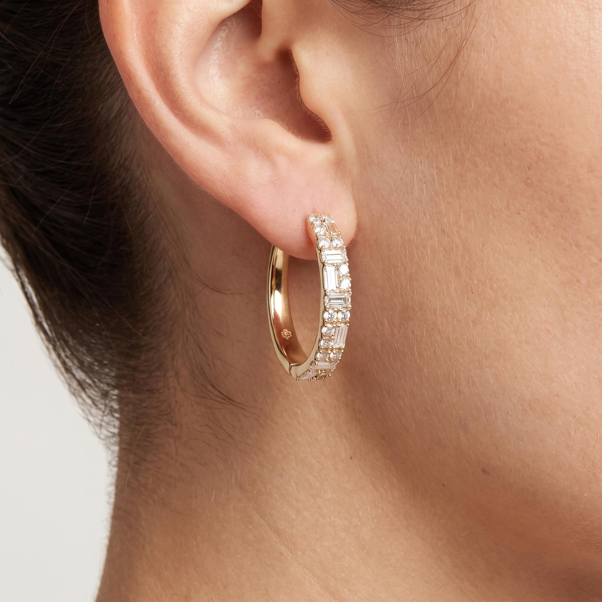 Baguette & Round Diamond Hoop Earrings 4