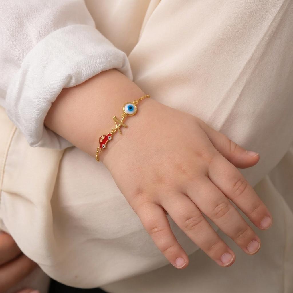 Baby Bliss — Enamel Car, Initial "A" & Evil Eye Charm Chain Bracelet 2